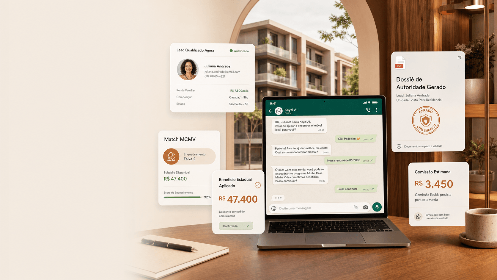 Dashboard Keyzi mostrando lead qualificado, match MCMV e Dossiê de Autoridade